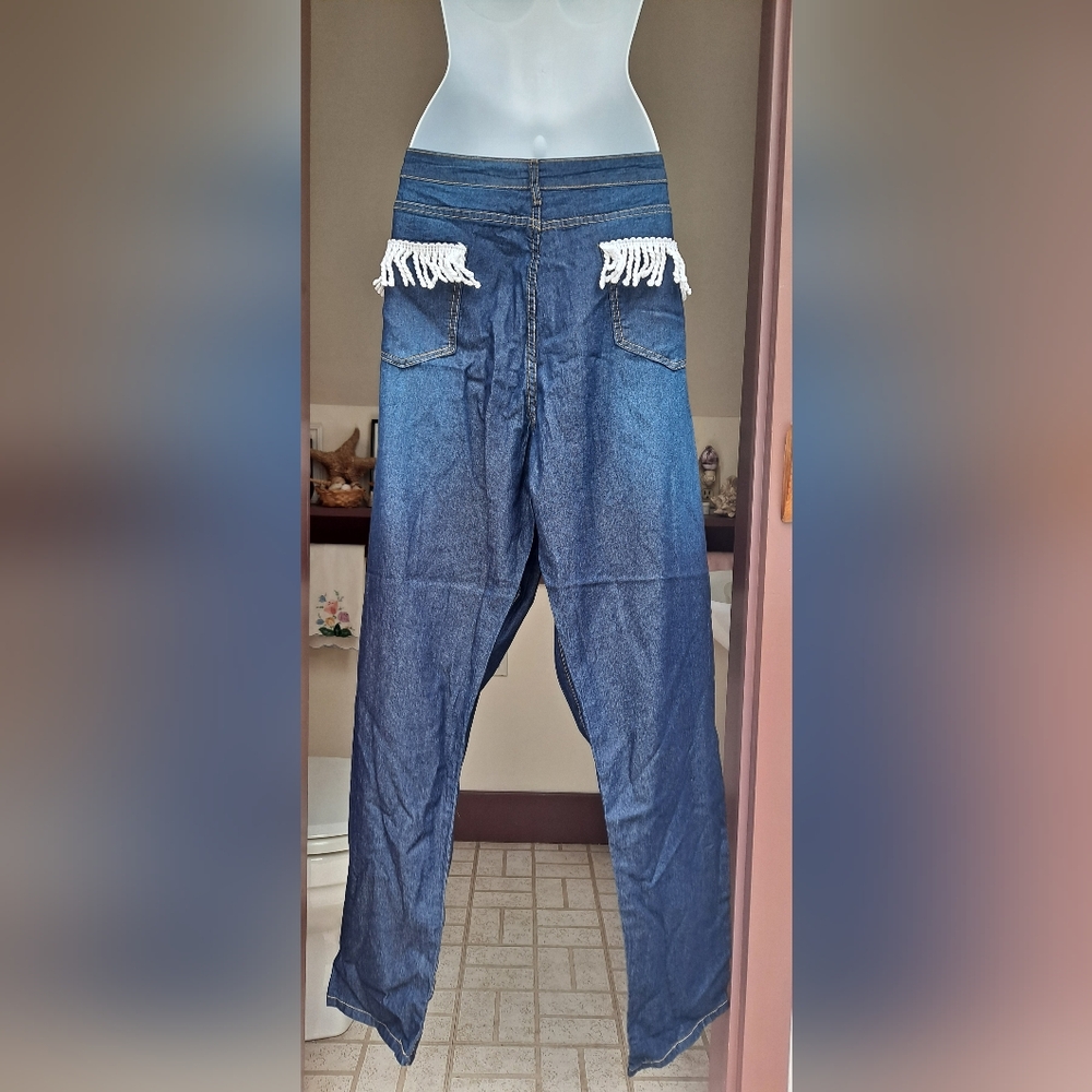 PLUS SIZE 3X Yoins White Fringe Jeans Denim Jeans Fancy Back Pockets Wide Leg